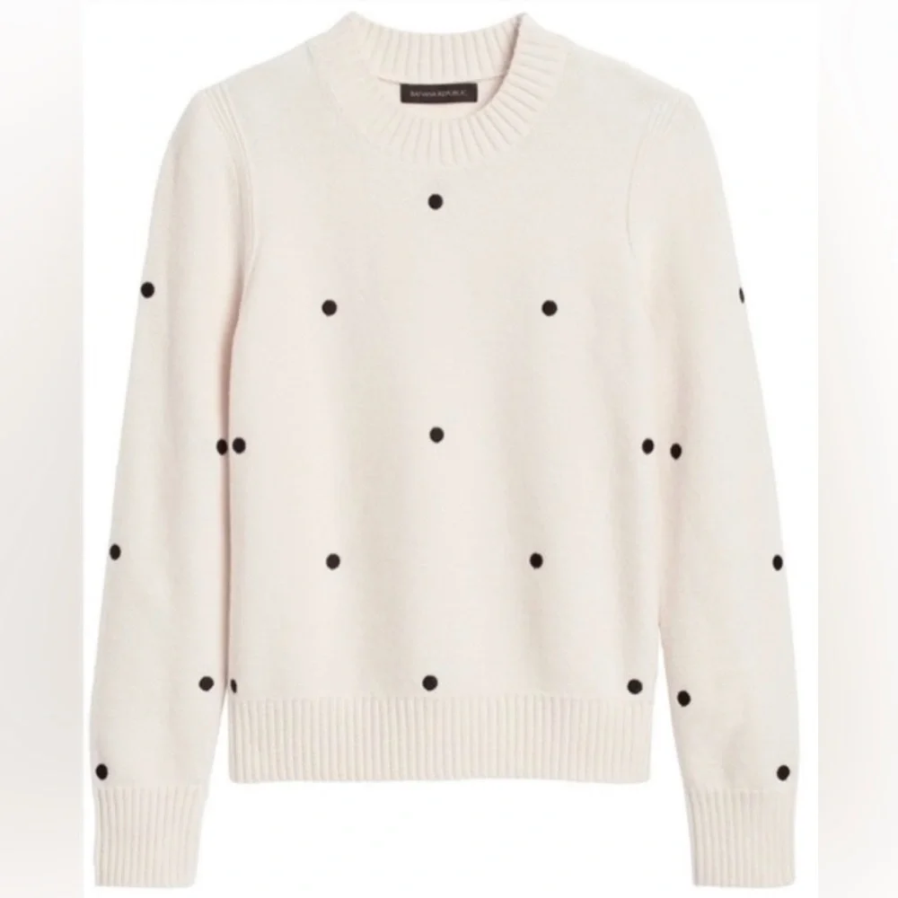 Banana‎ Republic Supersoft Ivory Cotton Sweater Embroidered Black Polka Dots XS
